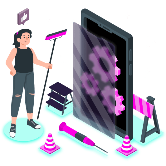 Ilustracja przedstawiająca naprawę i konserwację smartfona.