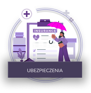 Grafika symbolizująca ubezpieczenia, z polisą i parasolem ochronnym.
