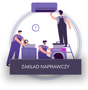 Grafika mechaników naprawiających sprzęt AGD w zakładzie naprawczym.